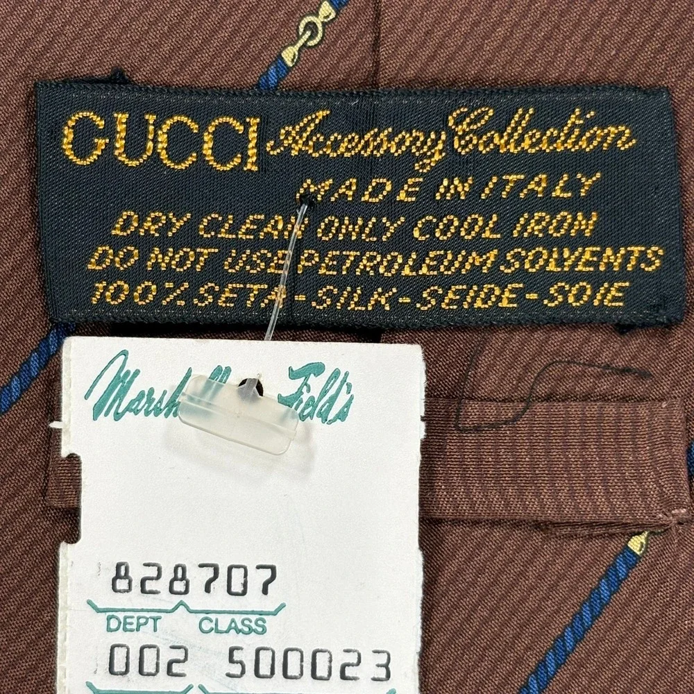 Vintage 80s Gucci Silk Necktie Brown Blue Horsebit GG Logo Equestrian Italy NWT